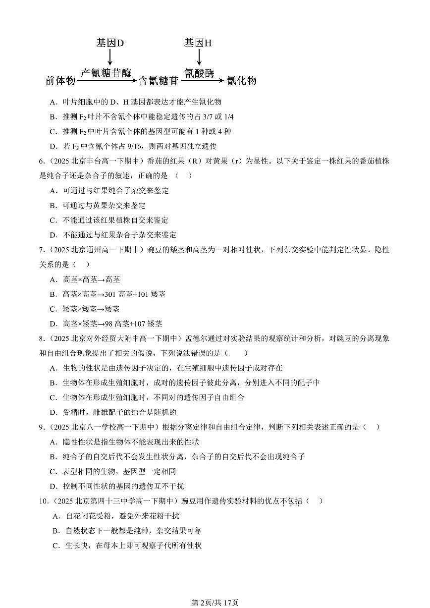 2025北京重点校高一(下)期中生物汇编(试题):孟德尔的豌豆杂交实验(二)(单选题)2 有答案解析第2页