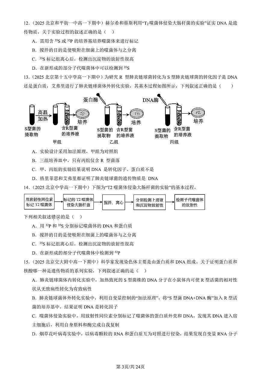 2025北京重点校高一(下)期中生物汇编(试题):DNA是主要的遗传物质 有答案解析第3页