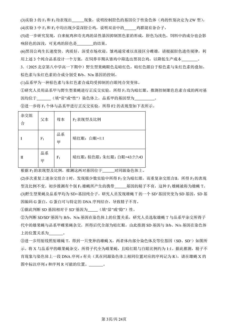 2025北京重点校高一(下)期中生物汇编(试题):伴性遗传(非选择题) 有答案解析第3页
