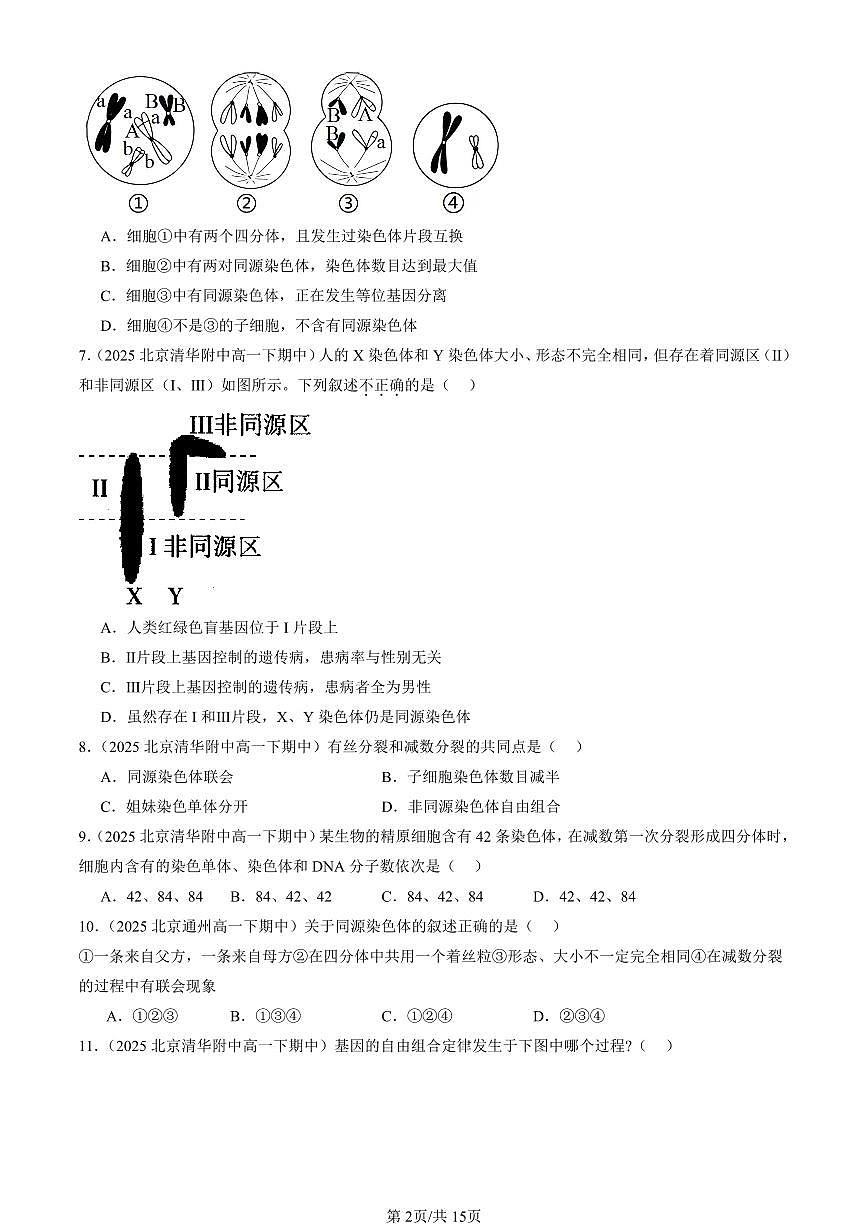 2025北京重点校高一(下)期中生物汇编(试题):基因和染色体的关系章节综合(单选题)1 有答案解析第2页