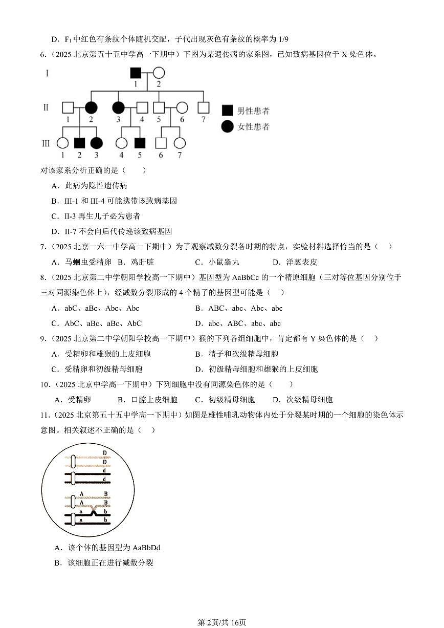 2025北京重点校高一(下)期中生物汇编(试题):基因和染色体的关系章节综合(单选题)4 有答案解析第2页