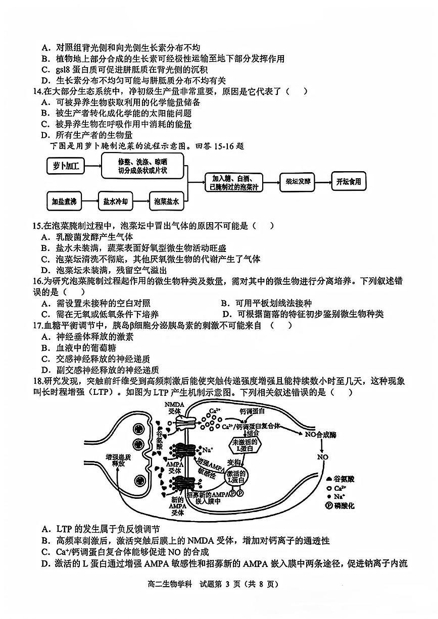 浙江省精诚联盟2024-2025学年高二下学期3月联考生物试卷+答案第3页