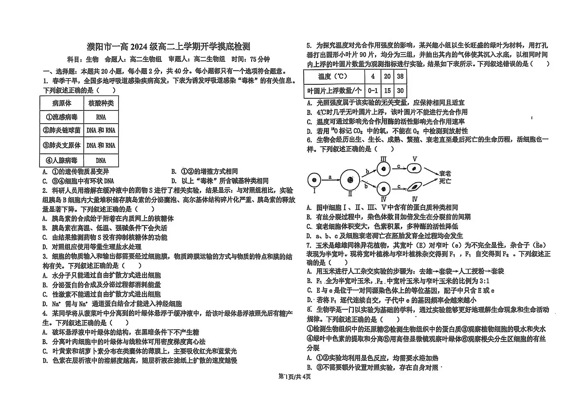 河南省濮阳市第一高级中学2025-2026学年高二上学期开学摸底检测生物试卷+答案第1页