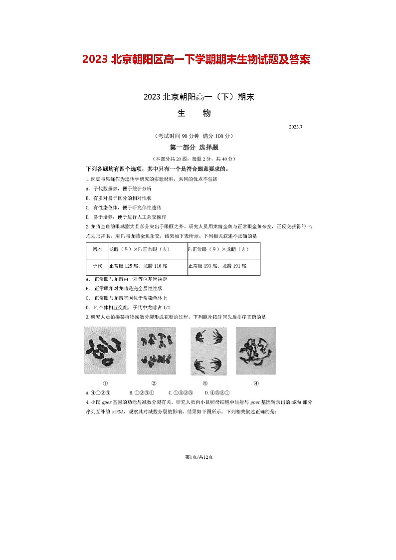 2023北京朝阳区高一下学期期末生物试题及答案第1页