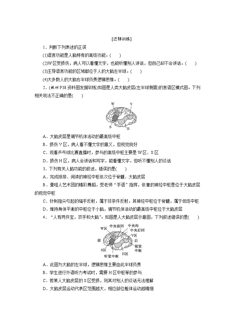 高二生物人教版选择性必修一导学案第2章第5节人脑的高级功能(Word版附解析)第2页