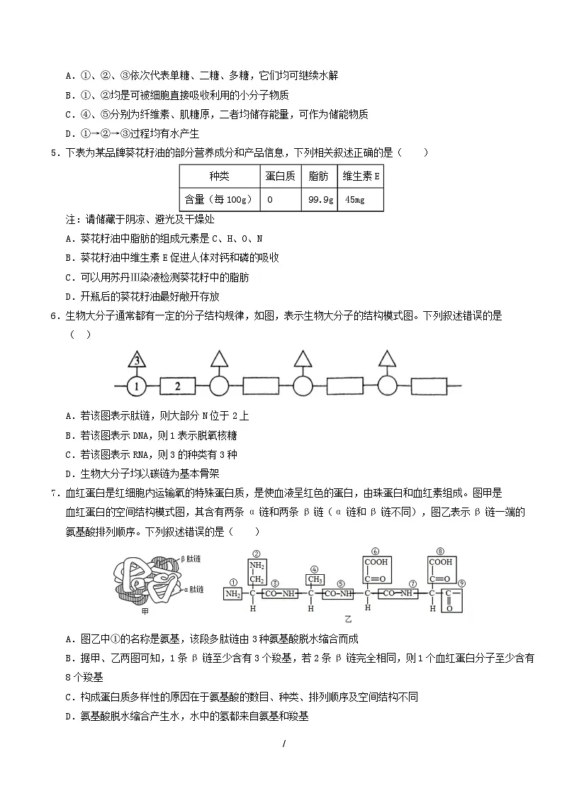 高一生物上学期第一次月考(苏教版2019) 【测试范围:苏教版2019必修1第1章~第2章第1节】(考试版)第2页
