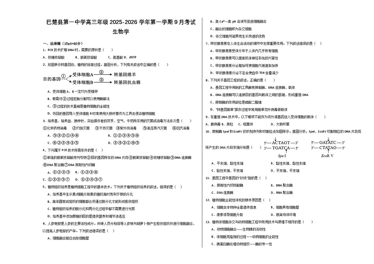 新疆维吾尔自治区喀什地区巴楚县第一中学2025-2026学年高三上学期9月月考生物试题(含答案)第1页