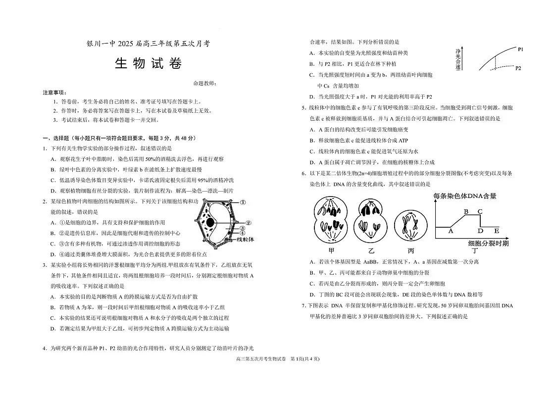 宁夏银川一中2025届高三上学期第五次月考-生物试卷(含答案)第1页