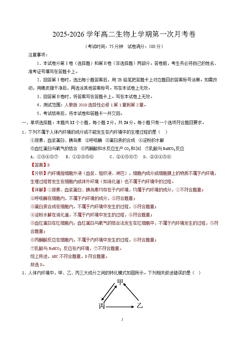 高二生物上学期第一次月考卷(湖南专用) 高二生物第一次月考卷(全解全析)(湖南专用) 第1页