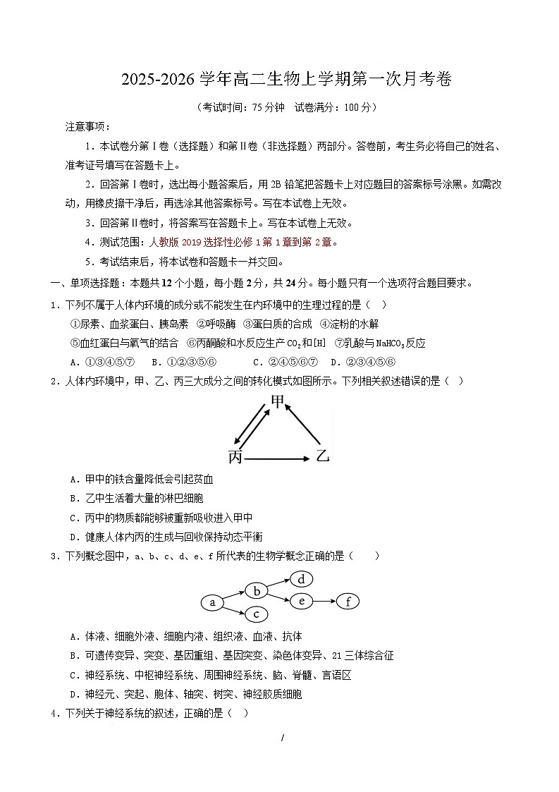 高二生物上学期第一次月考卷(湖南专用) 高二生物第一次月考卷【测试范围:选择性必修一1-2章】(考试版) 第1页