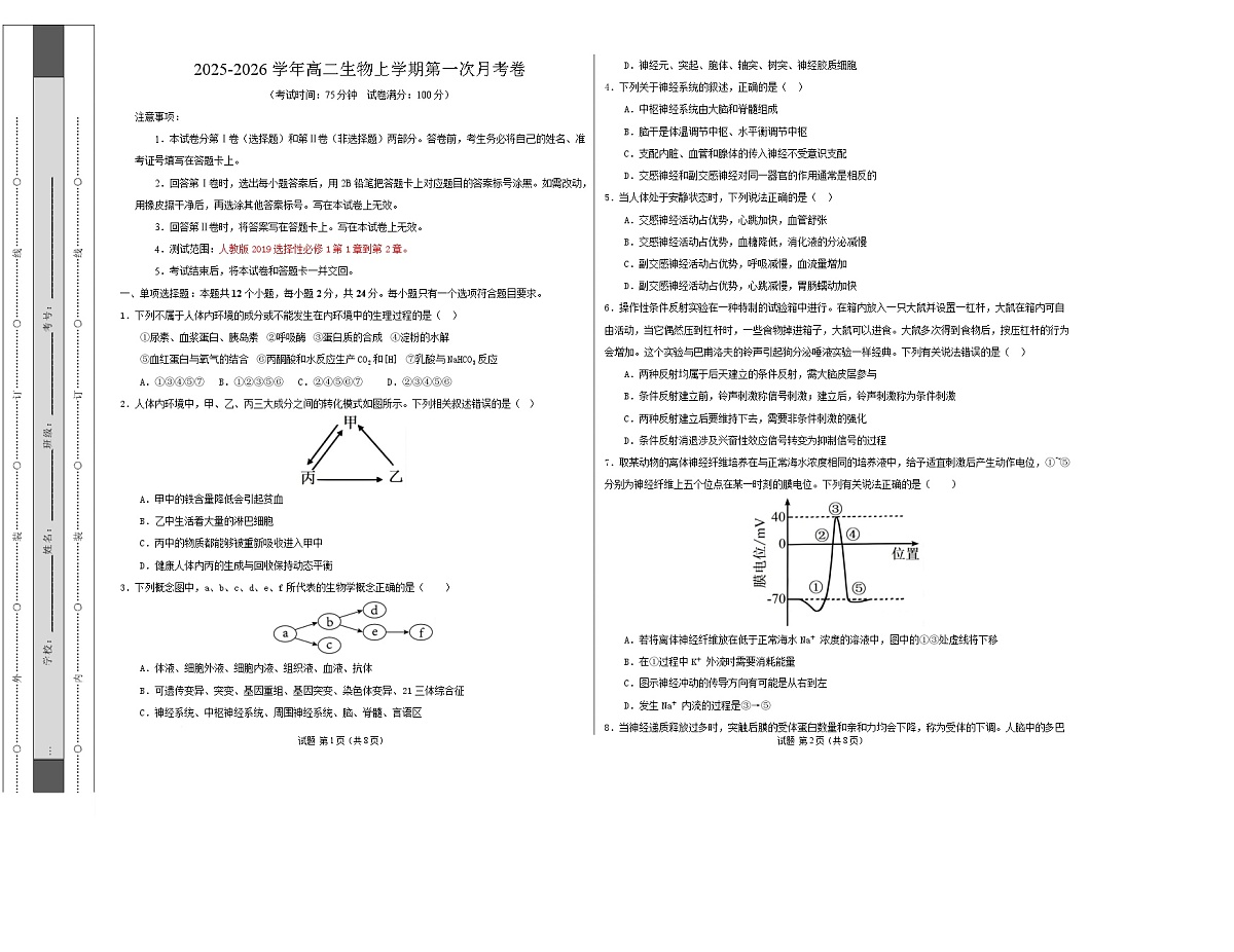 高二生物上学期第一次月考卷(湖南专用) 高二生物第一次月考卷【测试范围:选择性必修一1-2章】(考试版A3)第1页