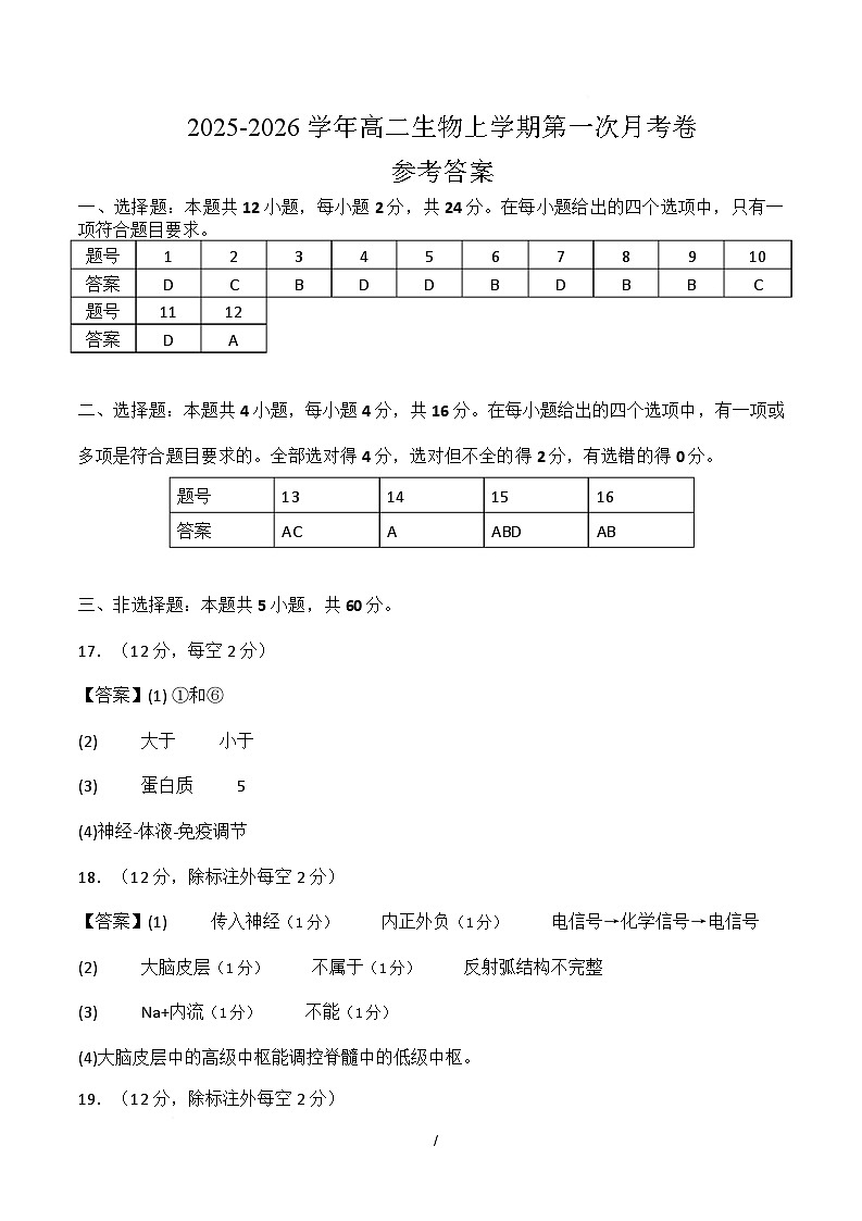 高二生物上学期第一次月考卷(湖南专用) 高二生物第一次月考卷(参考答案)(湖南专用)第1页
