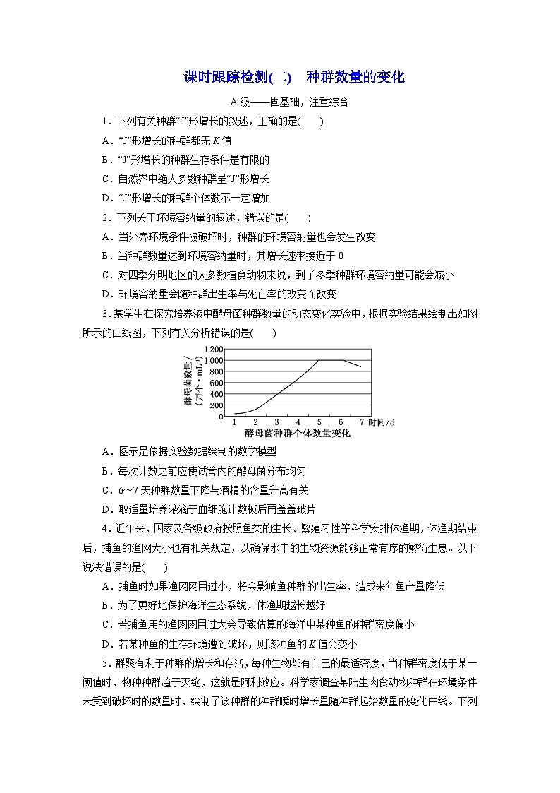 高二生物(人教版)试题选择性必修二课时跟踪检测(二)种群数量的变化(Word版附解析)第1页
