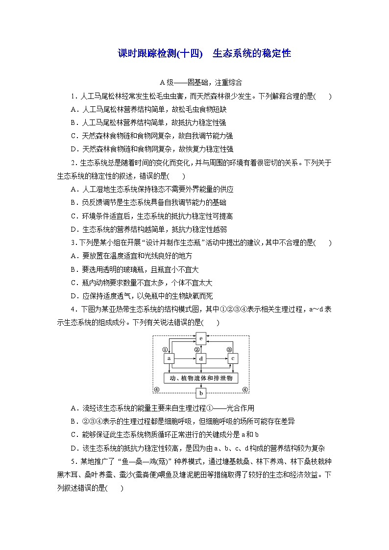 高二生物(人教版)试题选择性必修二课时跟踪检测(十四)生态系统的稳定性(Word版附解析)第1页