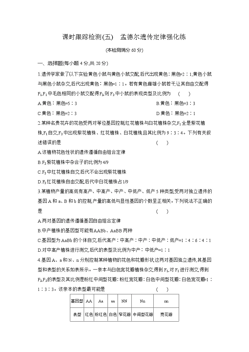 高一生物(人教版)试题必修二课时跟踪检测(五)孟德尔遗传定律强化练(Word版附解析)第1页