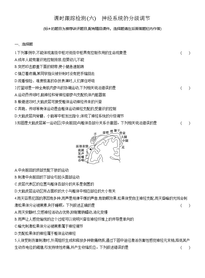 高二生物(人教版)试题选择性必修一课时跟踪检测(六)神经系统的分级调节(Word版附解析)第1页