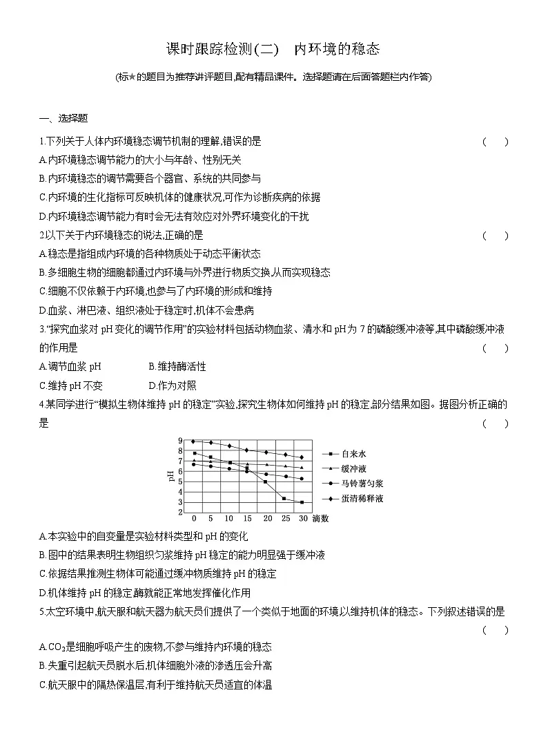 高二生物(人教版)试题选择性必修一课时跟踪检测(二)内环境的稳态(Word版附解析)第1页
