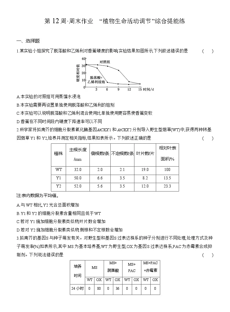 高二生物(人教版)试题选择性必修一第12周周末作业“植物生命活动调节”综合提能练(Word版附解析)第1页