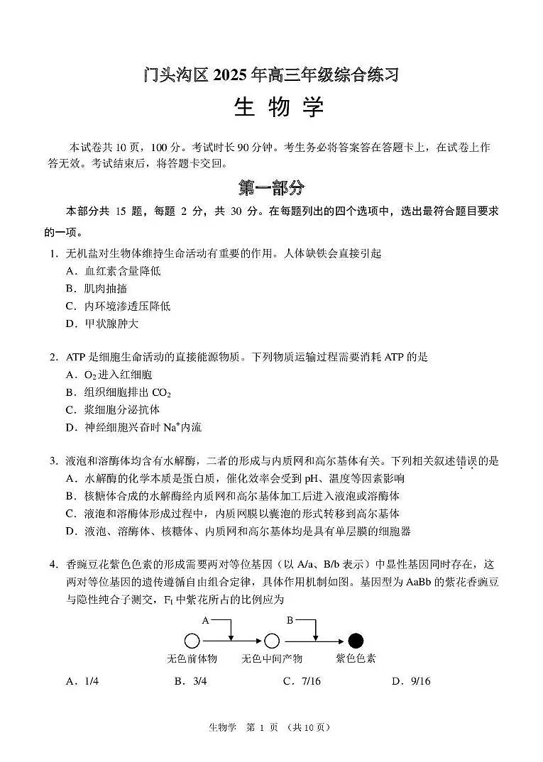 北京市门头沟区2025届高三生物下学期3月一模试题pdf第1页