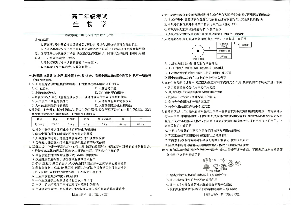 山西陕西金太阳2025年9月高三上学期多校联考 生物试卷第1页