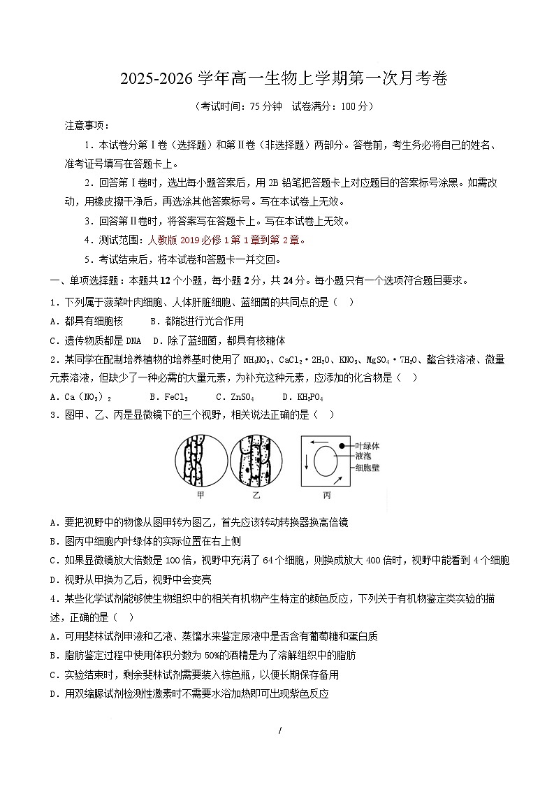 高一生物上学期第一次月考(湖南专用) 【测试范围:人教版2019必修一1-2章】(考试版) 第1页