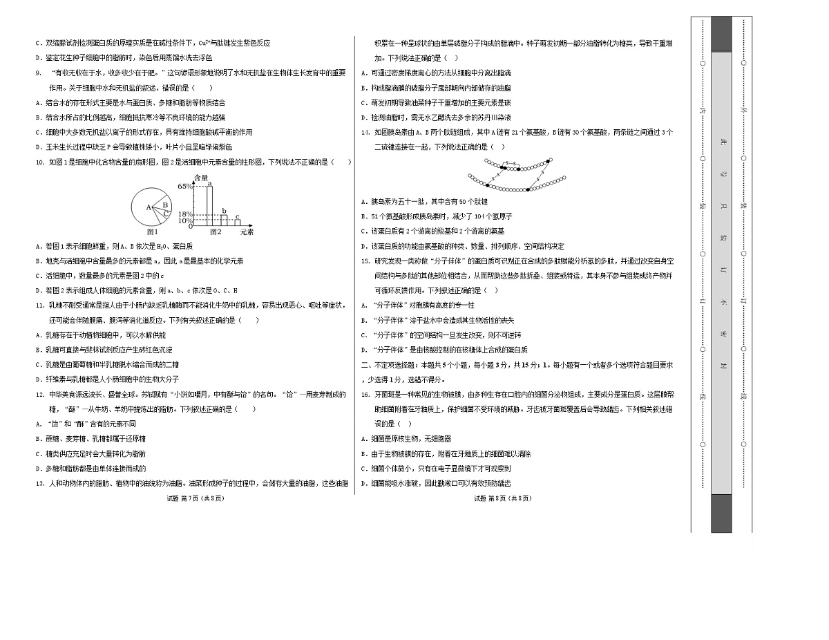高一生物上学期第一次月考(山东专用) 【测试范围:人教版2019必修1第1章~第2章】(考试版A3)第2页