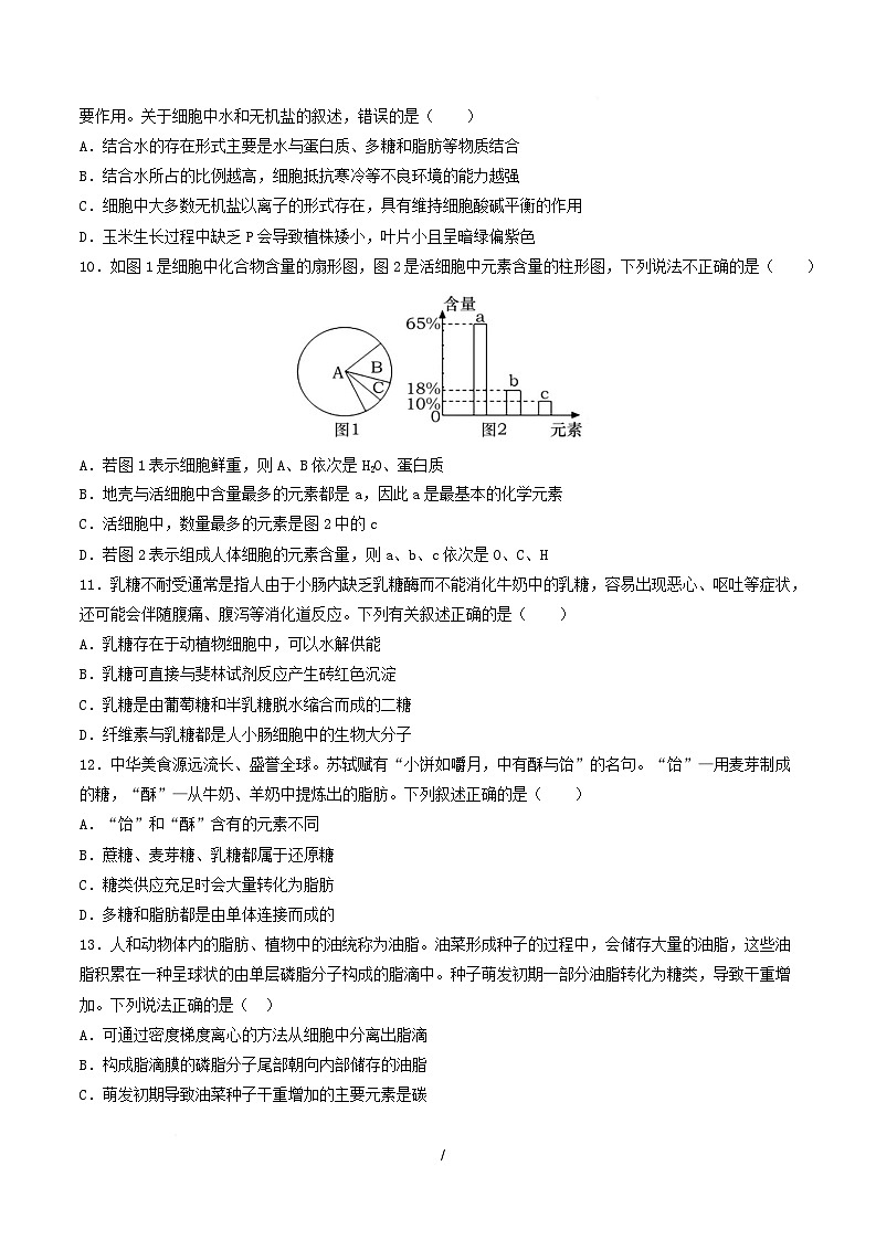 高一生物上学期第一次月考(山东专用) 【测试范围:人教版2019必修1第1章~第2章】(考试版)第3页
