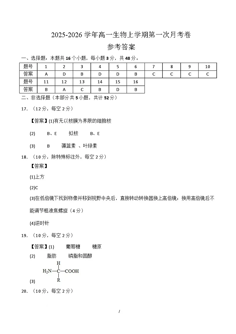 高一生物上学期第一次月考(陕晋青宁专用)(参考答案)第1页