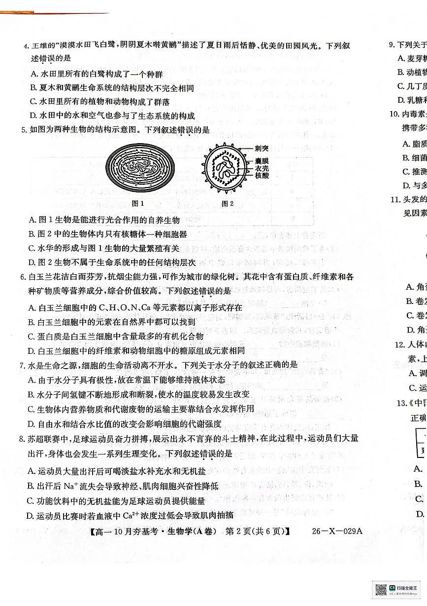山西省大同市部分学校2025-2026学年高一上学期10月月考生物试题第2页