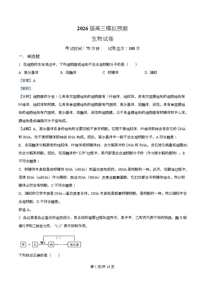 2026届四川省眉山市仁寿第一中学校南校区高三模拟预测生物试题 Word版含解析第1页