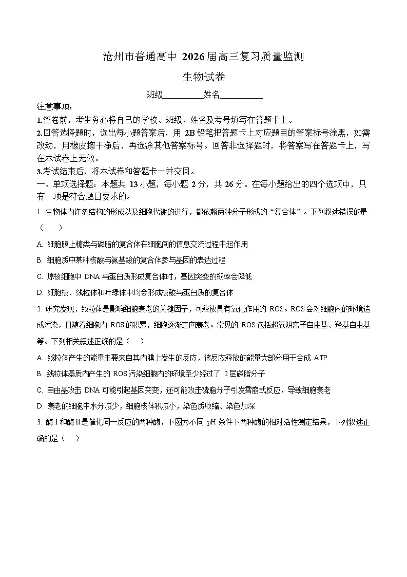 河北省沧州市普通高中2026届高三一轮复习10月考试生物试卷第1页