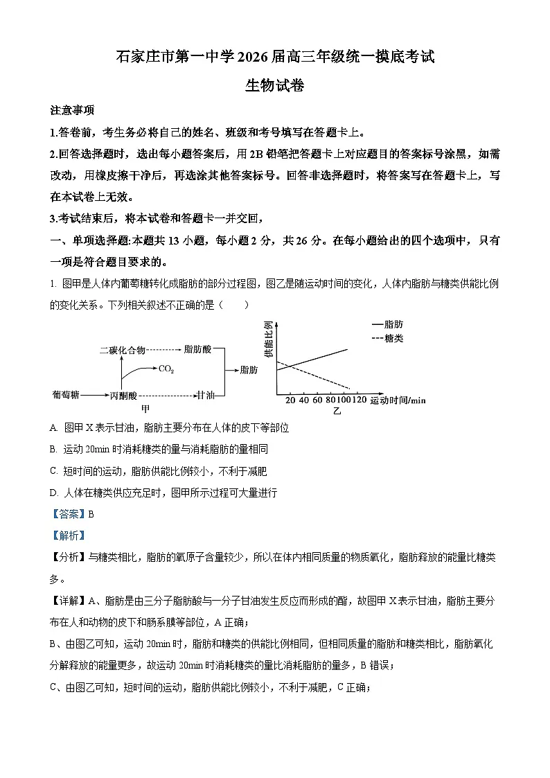 精品解析:河北省石家庄市长安区石家庄市第一中学2025-2026学年高三上学期9月月考生物试题(解析版)第1页