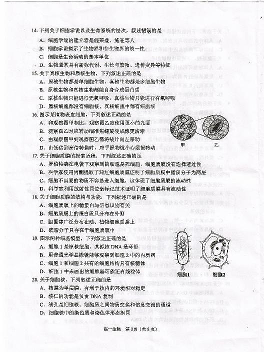 江苏省淮安市2024-2025学年高一上学期1月调研测试试题生物试卷第3页