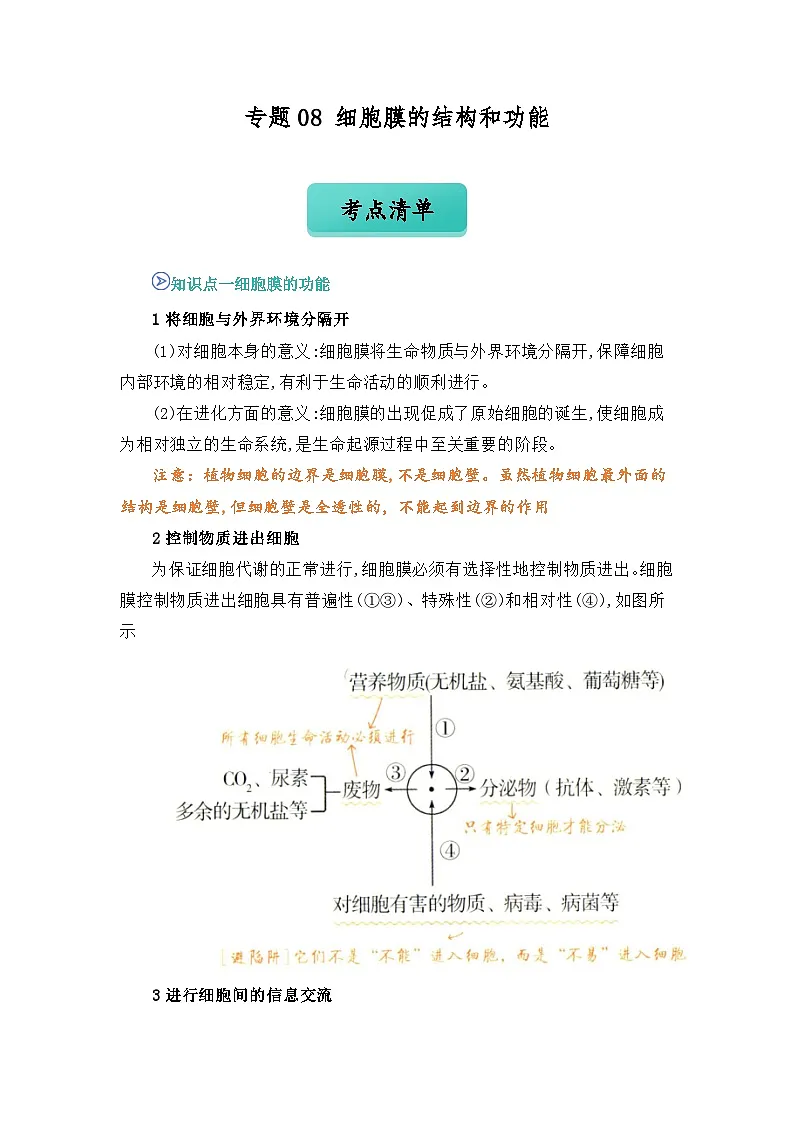 专题08 细胞膜的结构和功能 2024-2025学年人教版2019 高一必修一生物 期中复习(知识点+习题)(原卷版)第1页
