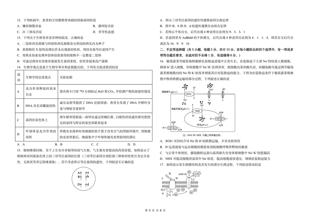 吉林省东北师范大学附属中学2025-2026学年高三上学期高考摸底考试生物试卷第3页