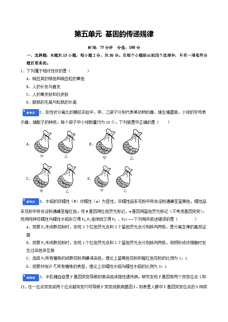 第五单元 基因的传递规律(综合训练)(原卷版)(全国通用)第1页