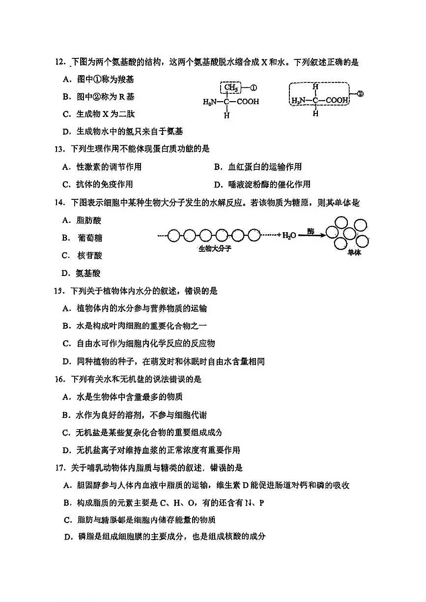 天津市第十四中学2025-2026学年高一上学期10月月考生物试卷(月考)第3页
