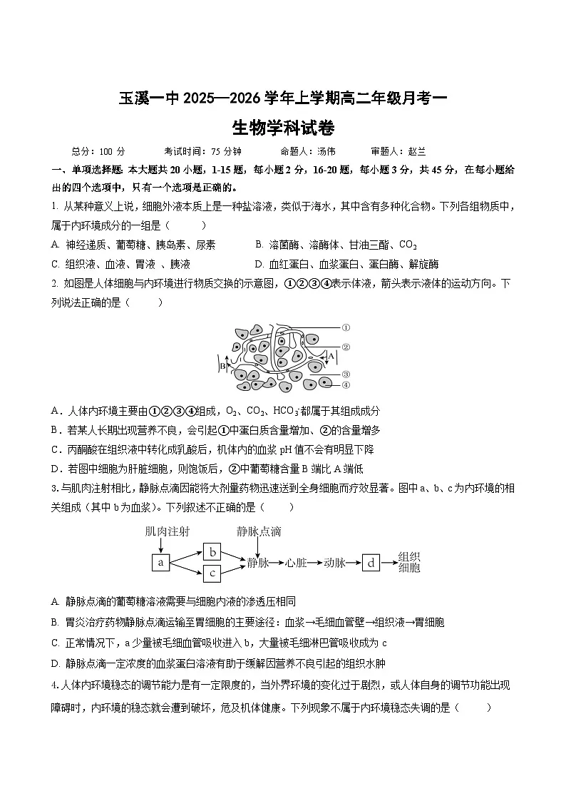 云南省玉溪第一中学2025-2026学年高二上学期第一次月考生物试题(Word版附答案)第1页