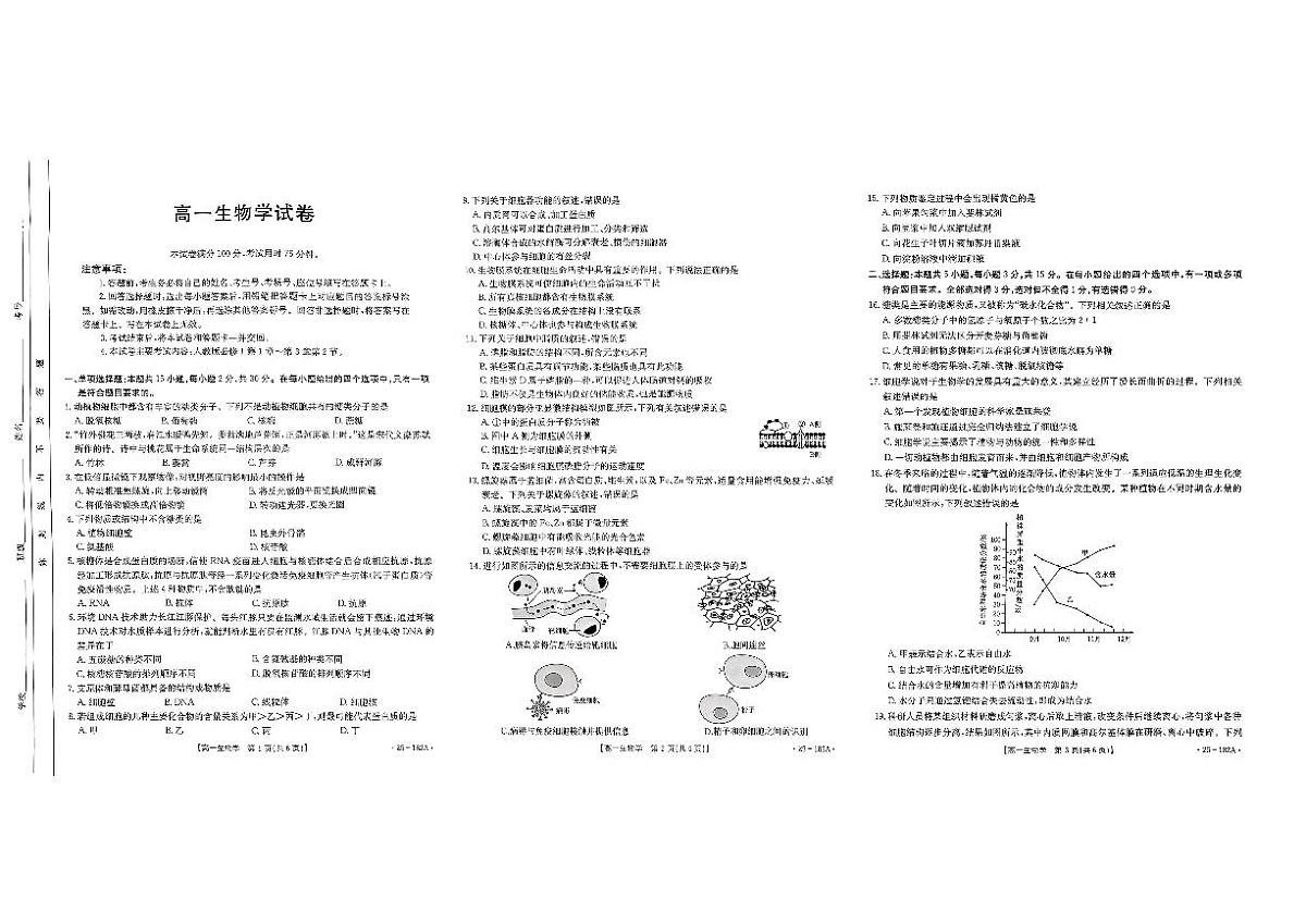 内蒙古赤峰市名校2024-2025学年高一上学期期中联考生物试题(含答案)第1页