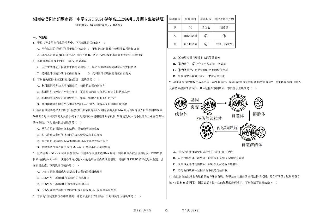 湖南省岳阳市汨罗市第一中学2023-2024学年高三上学期1月期末生物试题第1页