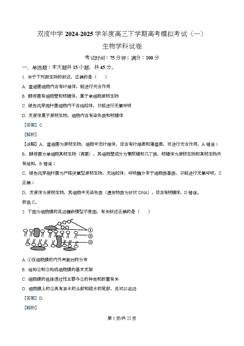 四川省双流中学2024-2025学年高三下学期高考模拟考试(一)生物试题 Word版含解析第1页