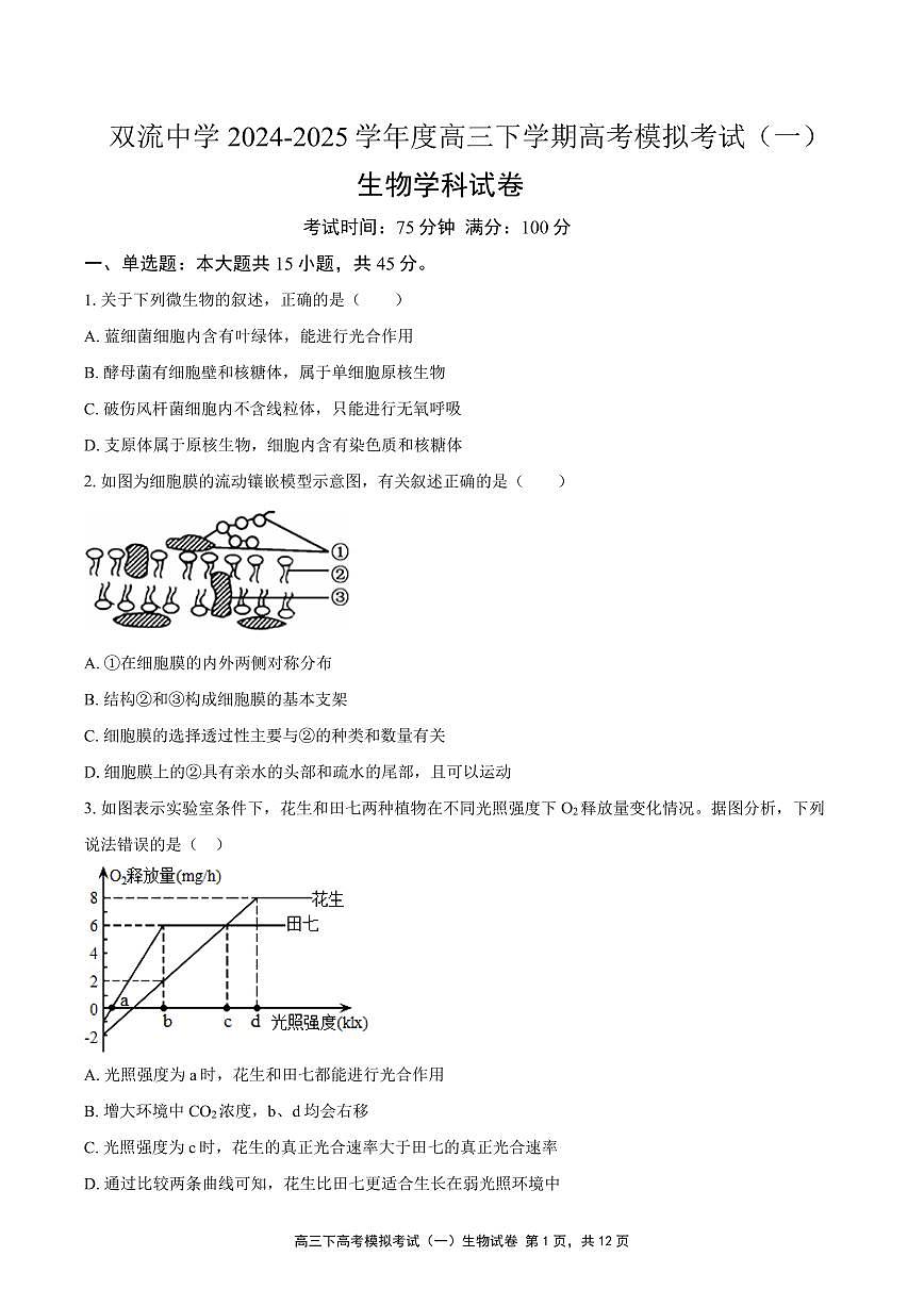 四川省双流中学2024-2025学年高三下学期高考模拟考试(一)生物试题(高考模拟)第1页