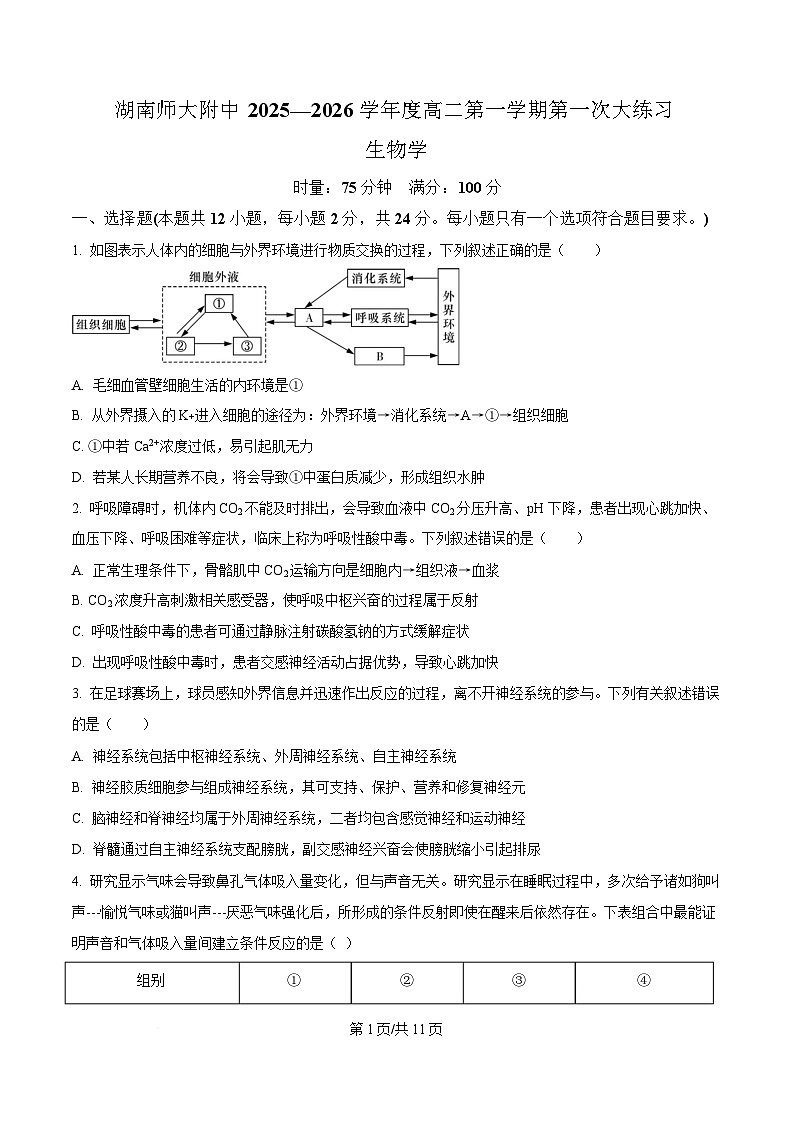 湖南省长沙市师大附中2025-2026学年高二上学期10月月考生物试卷第1页