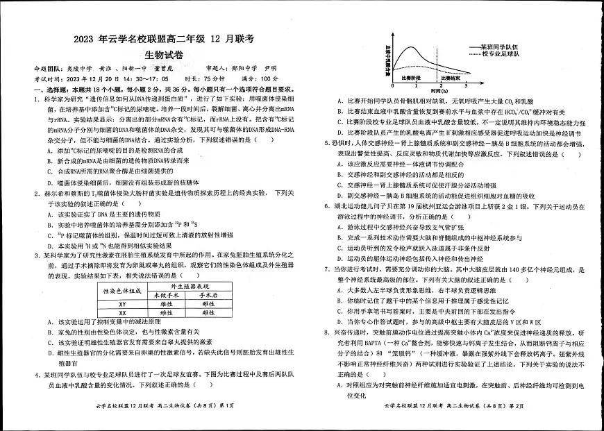湖北省2023年云学名校联盟高二年级12月联考 生物试卷第1页