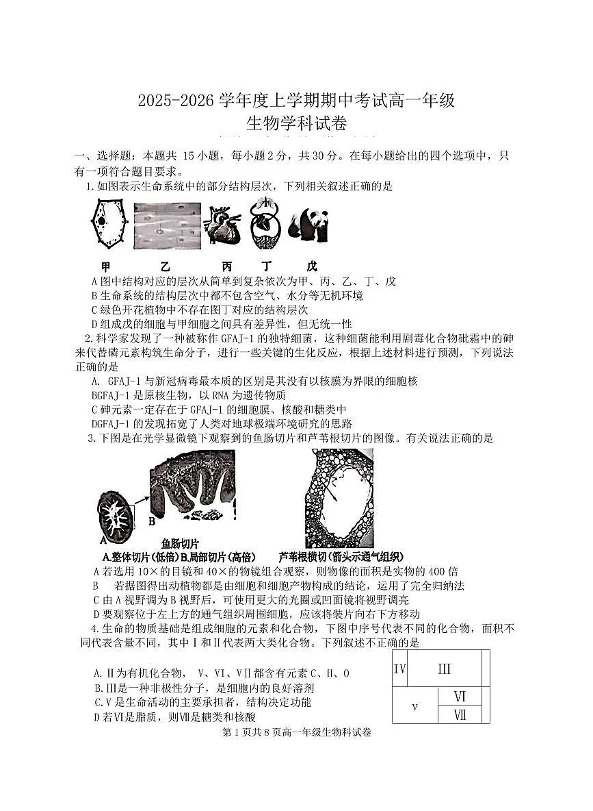 辽宁省大连市第24中学2025-2026学年第一学期高一生物期中试卷(含答案)第1页