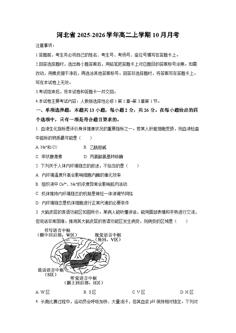 2025~2026学年河北省高二(上)10月月考生物试题(学生版)第1页