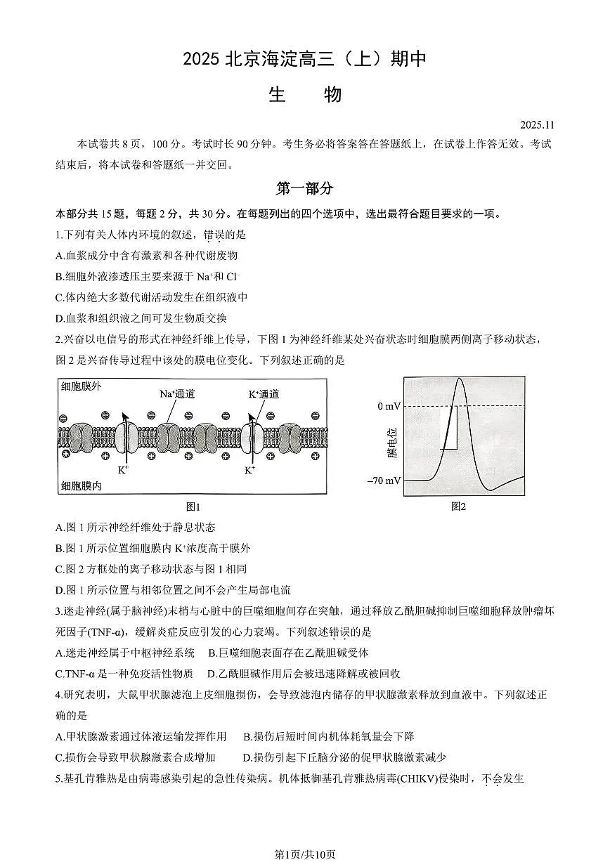 2025北京海淀高三(上)期中生物试卷(教师版)第1页