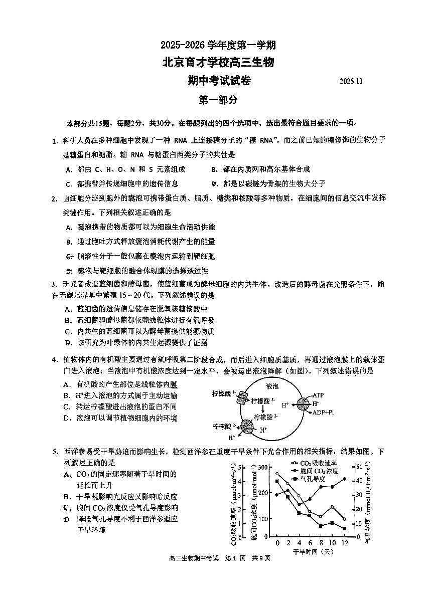 2025北京育才学校高三(上)期中生物试卷第1页