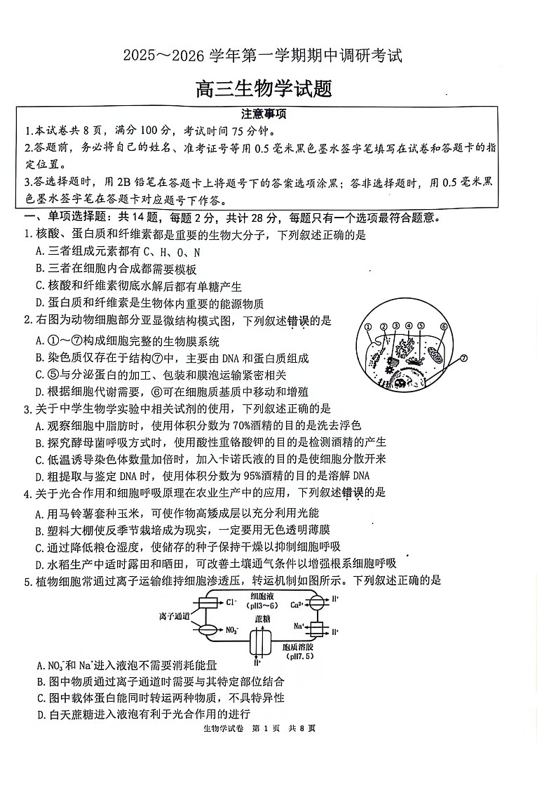 江苏省连云港市2025-2026学年高三上学期11月期中考试生物试卷第1页