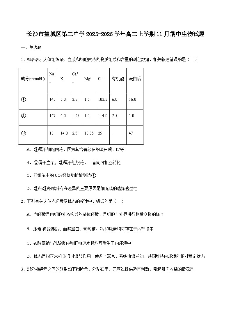 湖南省长沙市望城区第二中学2025-2026学年高二上学期11月期中考试生物试卷(有答案)第1页